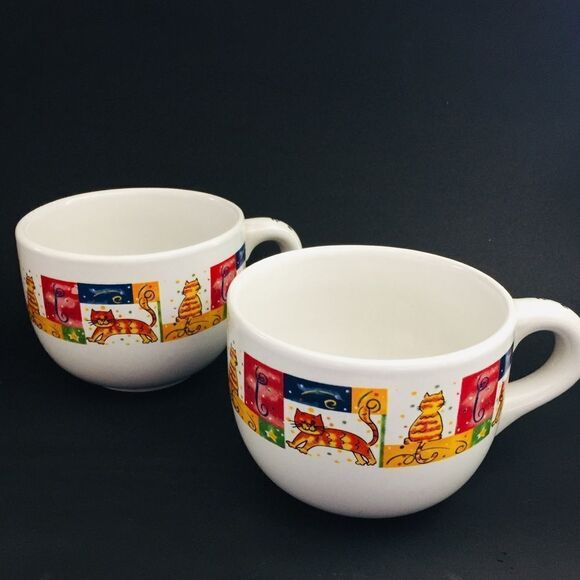 2 Cat Kitty colorful RN Chocolate Coffee Soup Cereal Mugs by Royal Norfolk - Picture 1 of 7